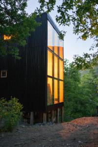 a glass house on wooden posts in a forest at Andrómeda Lodge in Las Trancas