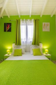 - une chambre verte avec un grand lit aux murs verts dans l'établissement Les Villas de Boisvin, à Le Moule
