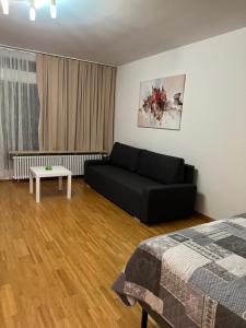 a living room with a black couch and a table at Apartment am Königsplatz in Augsburg