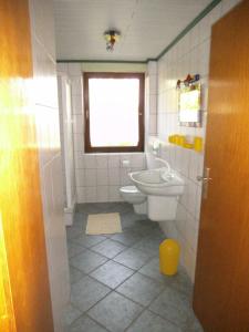 a small bathroom with a toilet and a window at Fewo Gästezimmer in Ellenz-Poltersdorf