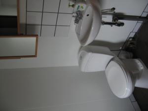 a bathroom with a toilet and a sink at Comfortable Bungalow in Ísafjörður