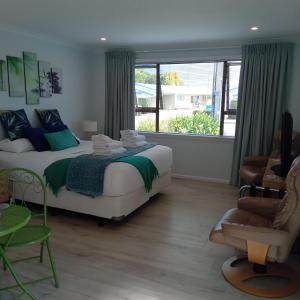 um quarto com uma cama, uma cadeira e uma janela em Thistle B&B em Napier