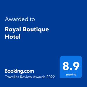 Royal Boutique Hotel tesisinde sergilenen bir sertifika, ödül, işaret veya başka bir belge