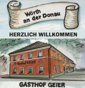 um desenho de um edifício com as palavras que valem um der Donovan e um c em Gasthof Geier em Wörth an der Donau