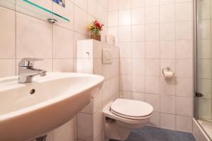 a white bathroom with a toilet and a sink at Gasthof Geier in Wörth an der Donau