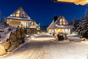 śnieżna droga przed dwoma drewnianymi domami w obiekcie Czarne Wierchy jacuzzi - Luxury Chalets Kościelisko w mieście Kościelisko