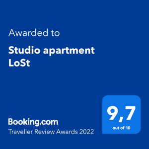 Certifikát, hodnocení, plakát nebo jiný dokument vystavený v ubytování Studio apartment LoSt