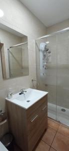 y baño con lavabo y ducha. en Casa Rural Miralmonte, en San Leonardo de Yagüe