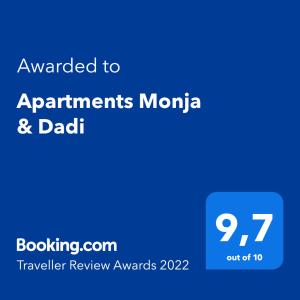 ใบรับรอง รางวัล เครื่องหมาย หรือเอกสารอื่น ๆ ที่จัดแสดงไว้ที่ Apartments Monja & Dadi