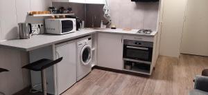 a kitchen with a washing machine and a microwave at Elite Flats One bedroom in Utena