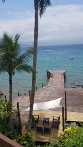 uma praia com um cais de madeira com cadeiras e palmeiras em Suítes home paraíso no norte em Ilhabela