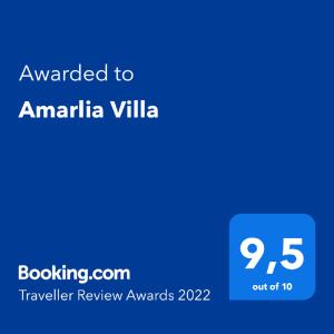 Certifikát, hodnocení, plakát nebo jiný dokument vystavený v ubytování Amarlia Villa