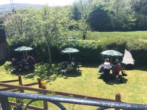 a group of people sitting in a yard with umbrellas at Kestor Inn in Newton Abbot