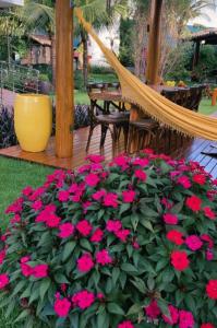 a garden area with a patio table with flowers and umbrellas at Castelo Inn Hotel in Goiânia