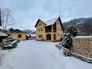 a house covered in snow in a yard at Casa de Vis in Poiana Mărului