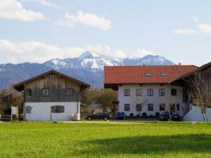 two buildings in a field with mountains in the background at Fewo B33 in Übersee