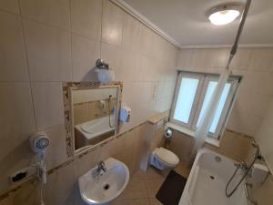 a bathroom with a sink and a toilet and a mirror at Hotel Mimoza in Libusza