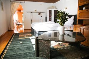 a bedroom with a bed and a glass table at Hugo & Rosa -Huusa im Bregenzerwald in Egg