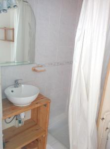 a bathroom with a sink and a shower curtain at Appartement d'une chambre avec jardin clos et wifi a La Salle les Alpes in La Salle Les Alpes