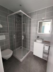 La salle de bains est pourvue d'une douche, de toilettes et d'un lavabo. dans l'établissement Abrivado, à Saintes-Maries-de-la-Mer