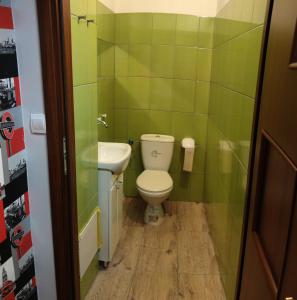 a green bathroom with a toilet and a sink at New York apartament by Karl in Radom