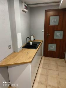 a kitchen with a sink and a wooden door at New York apartament by Karl in Radom