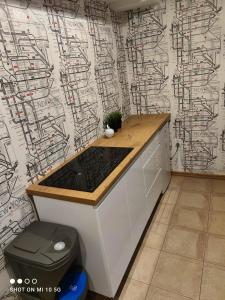 a kitchen with a counter and a wall with drawings on it at New York apartament by Karl in Radom