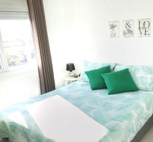 a bed with two green pillows in a bedroom at Buenos Aires 605 in Osório