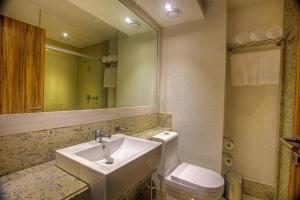 a bathroom with a sink and a toilet and a mirror at Holiday Inn Natal, an IHG Hotel in Natal