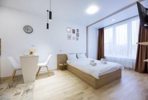 a bedroom with a bed and a large window at Nyvky Like Home - Studio - apt 40 apt 46 in Kyiv