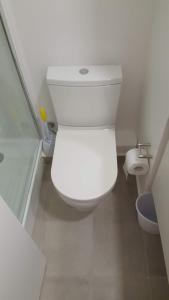 a white toilet in a bathroom with a shower at Departamento costanera vista al río y con la mejor ubicación de la ciudad in Valdivia +11 photos