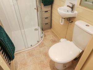 a bathroom with a toilet and a sink and a shower at Fox in Keighley