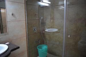 y baño con ducha y lavamanos. en HOTEL THE HILLS, en Ambikāpur