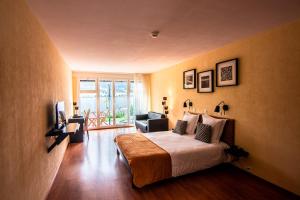 勒森蒂埃的住宿－羅切利貝爾維酒店，一间卧室设有一张床和一间客厅。