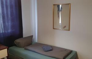 a small room with a bed and a mirror at Hotel Berkut in Fürth