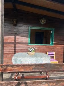 a table with a pot of flowers on top of it at CABANA DO SOL in Torres Vedras