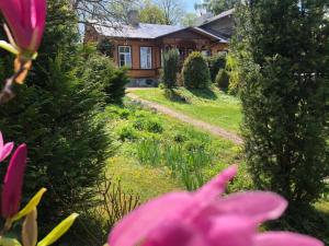 una casa con una flor rosa delante de ella en Willa "Mazowsze" en Nałęczów