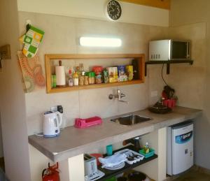 a small kitchen with a sink and a microwave at La Ribera - Saint Exupéry 90 in El Chalten
