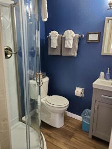 a blue bathroom with a toilet and a shower at Swiftcurrent Lodge in Estes Park