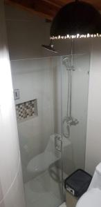 a shower with a glass door in a bathroom at Estancia Lolita (Cabaña en Cuenca) in Cuenca