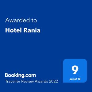 Ett certifikat, pris eller annat dokument som visas upp på Hotel Rania