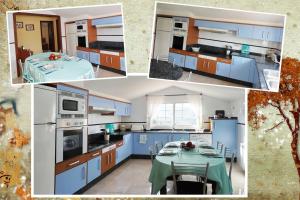 vier foto's van een keuken met blauwe kasten en een tafel bij O FOGAR DE LENI in Pontevedra