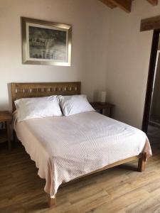 a bedroom with a bed with a white comforter at Casa Las Nubes en el Centro de Tequisquiapan 6 personas in Tequisquiapan