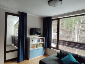 uma sala de estar com um sofá e uma janela em Forest Dream Apartment - Elit Pamporovo em Pamporovo