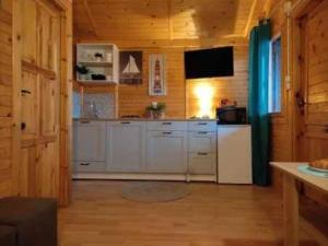 a kitchen with white appliances in a wooden cabin at Domki letniskowe Alma, Wicie in Wicie