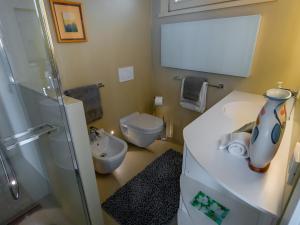 a small bathroom with a toilet and a sink at Colosseo with wonderful lake view and swimming pool in Parzanica