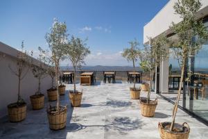 eine Reihe von Bäumen in Körben auf einer Terrasse in der Unterkunft Marlo Ayvalık 12 Plus Adult Only in Ayvalık