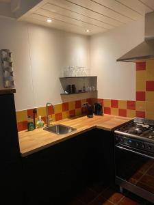 a kitchen with a sink and a stove at Kleine huisje op de Veluwe in Otterlo +7 photos