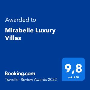 een blauw scherm met de tekst toegekend aan wonderlijke luxe villa's bij Mirabelle Luxury Villas in Plaka