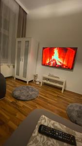 un salon avec une télévision à écran plat sur un mur dans l'établissement Paower Apartment, à Vienne
